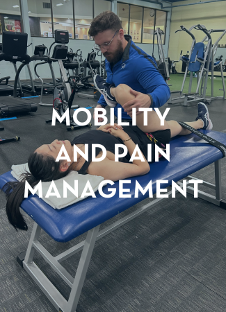 Trainer stretching client with text overlay: Mobility and Pain Management