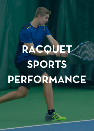 Young Tennis Player on Court with text overlay Racquet Sports Performance