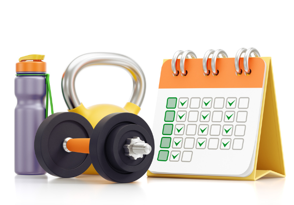 Image of weights with a calendar indicating when you should be exercising in the gym.